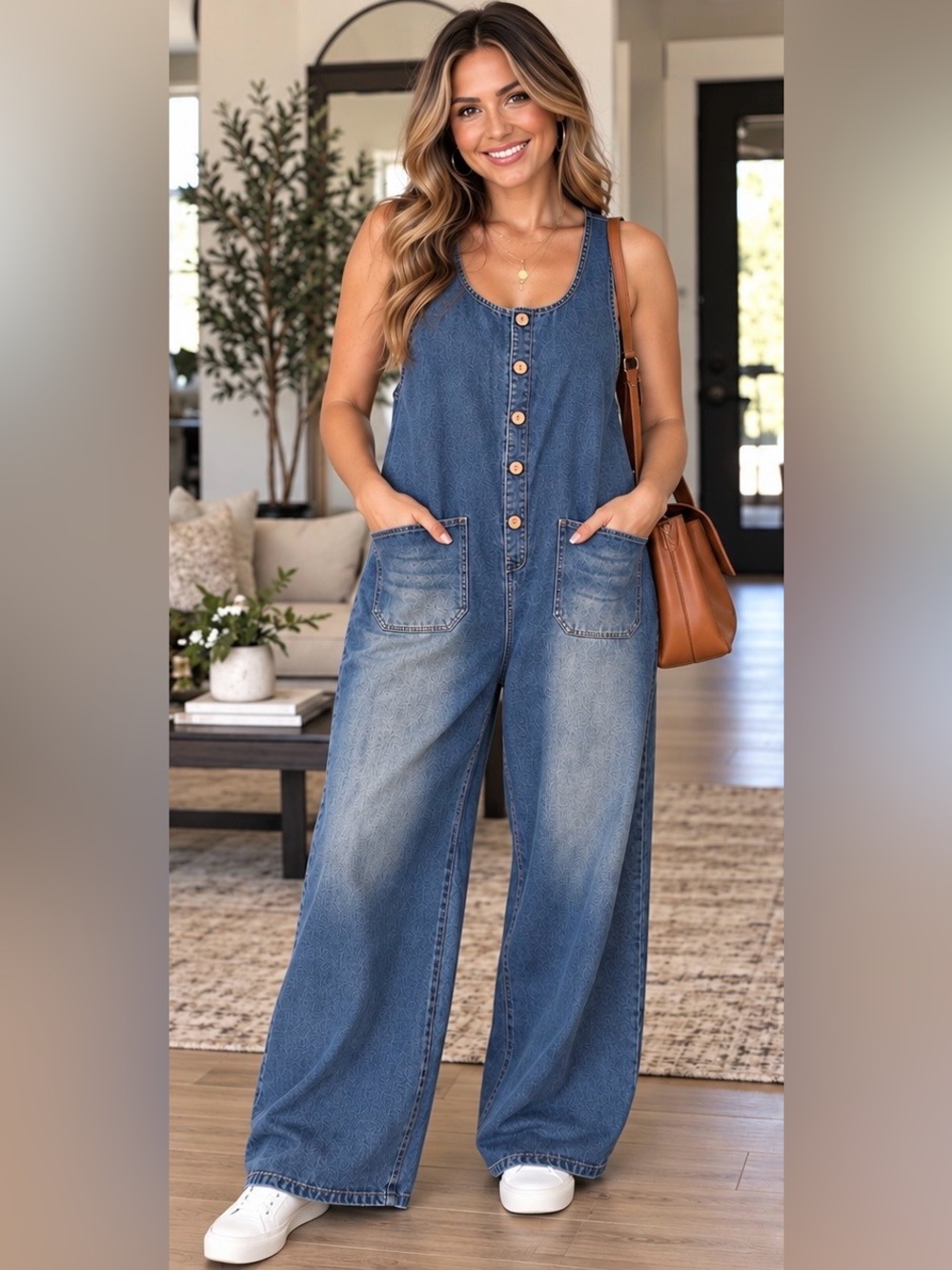 Classic Blue Denim Button-Front Wide-Leg Overalls